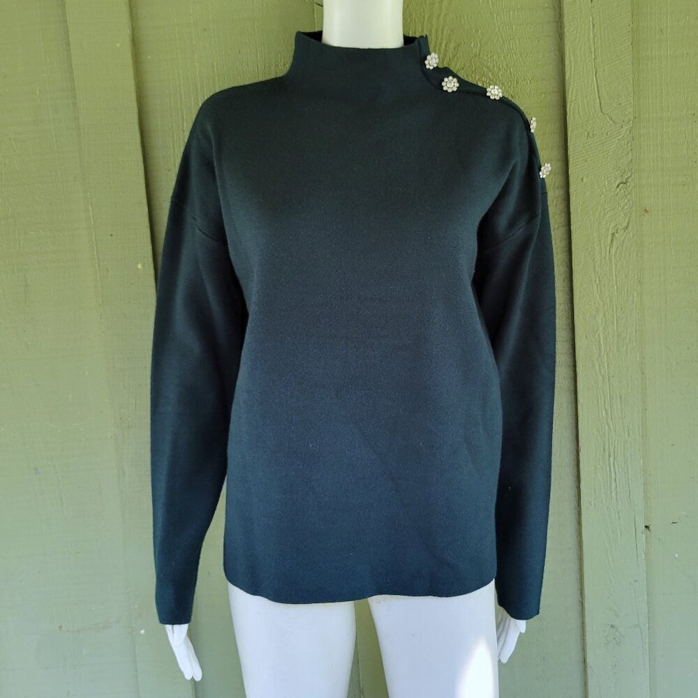 TAHARI Forest Green Sweater Knit Rhinestone Buttons Medium M
